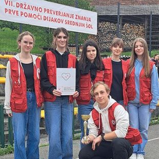 Slika prikazuje pet dijakinj in dijaka. Dijakinje stojijo, dijak pa čepi. V rokah drži pokal, ena od dijakinj pa priznanje za 4. mesto na tekmovanju iz znanja prve pomoči. Vsi so oblečeni v rdeče rešvalske brezrokavnike.