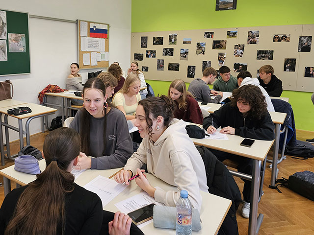 Po štirje dijaki delajo v skupinah. Sedijo za mizami v učilnici, na mizah so listi, ki jih izpolnjujejo.