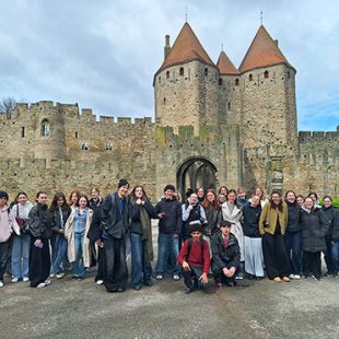 Skupina štiridesetih dijakov stoji pred obzidjem srednjeveškega mesta Carcassonne.