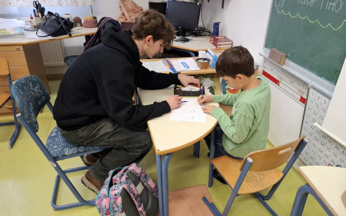 Ledinec pomaga maljšemu ledincu pri ustvarjanju