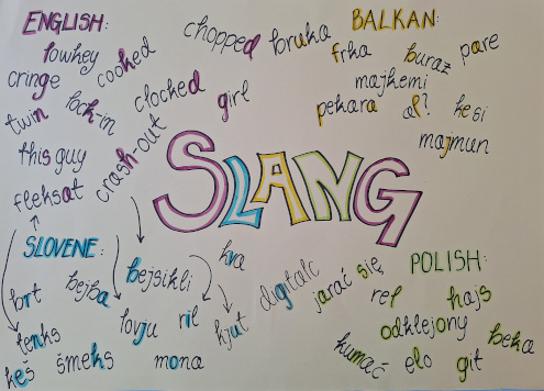 Eden od izdelkov, ki je nastal v razredu. Naslov plakata je slang, okrog njega so v različnih jezikih (angleščini, slovenščini, poljščini in po balkansko) napisane slengovske besede.