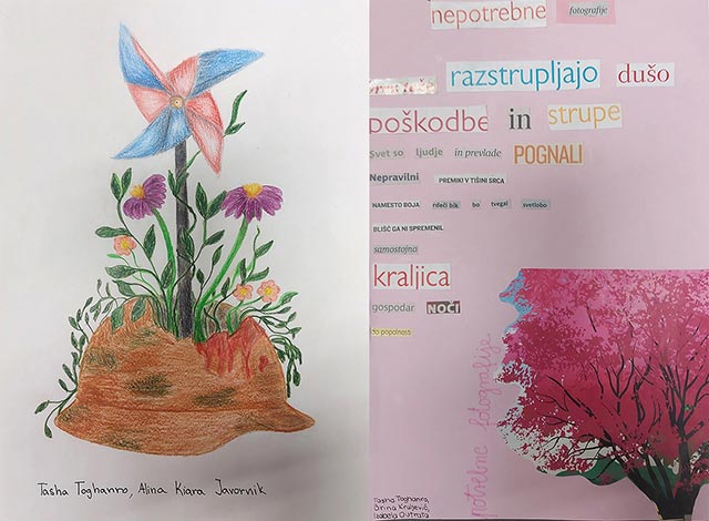 Fotografija prikazuje dve sporočili dijakov o miru. Na levi strani je ilustracija preluknjane vojaške čelade, iz katere rastejo rože. Na desni strani je pesem v prozi, sestavljena iz besed, izrezanih iz časopisov.